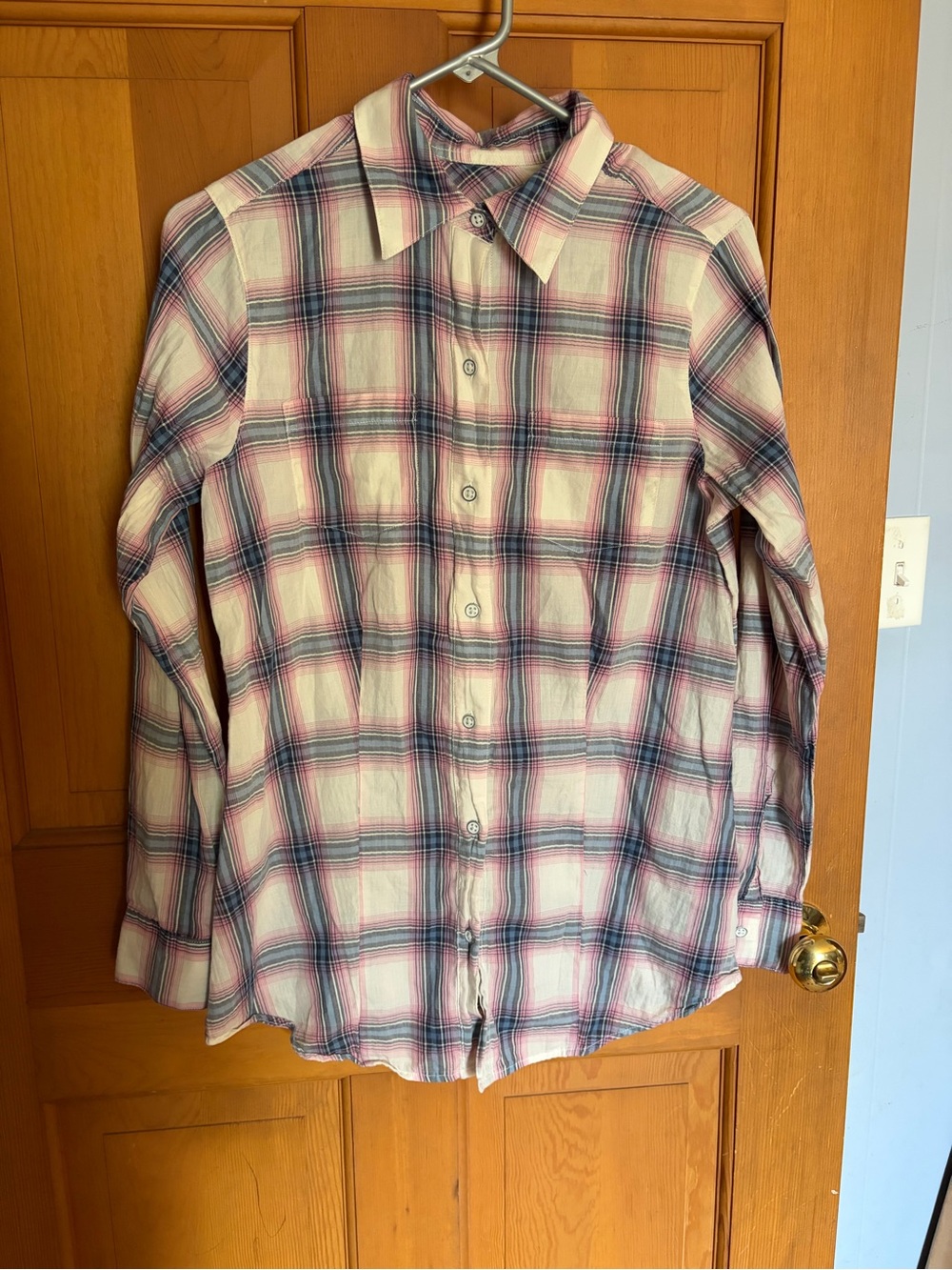 Foxcroft Cream Plaid Button-Down Shirt with Blue and Pink Accents